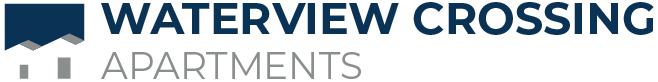 the blue and grey logo of Waterview Crossing Apartments